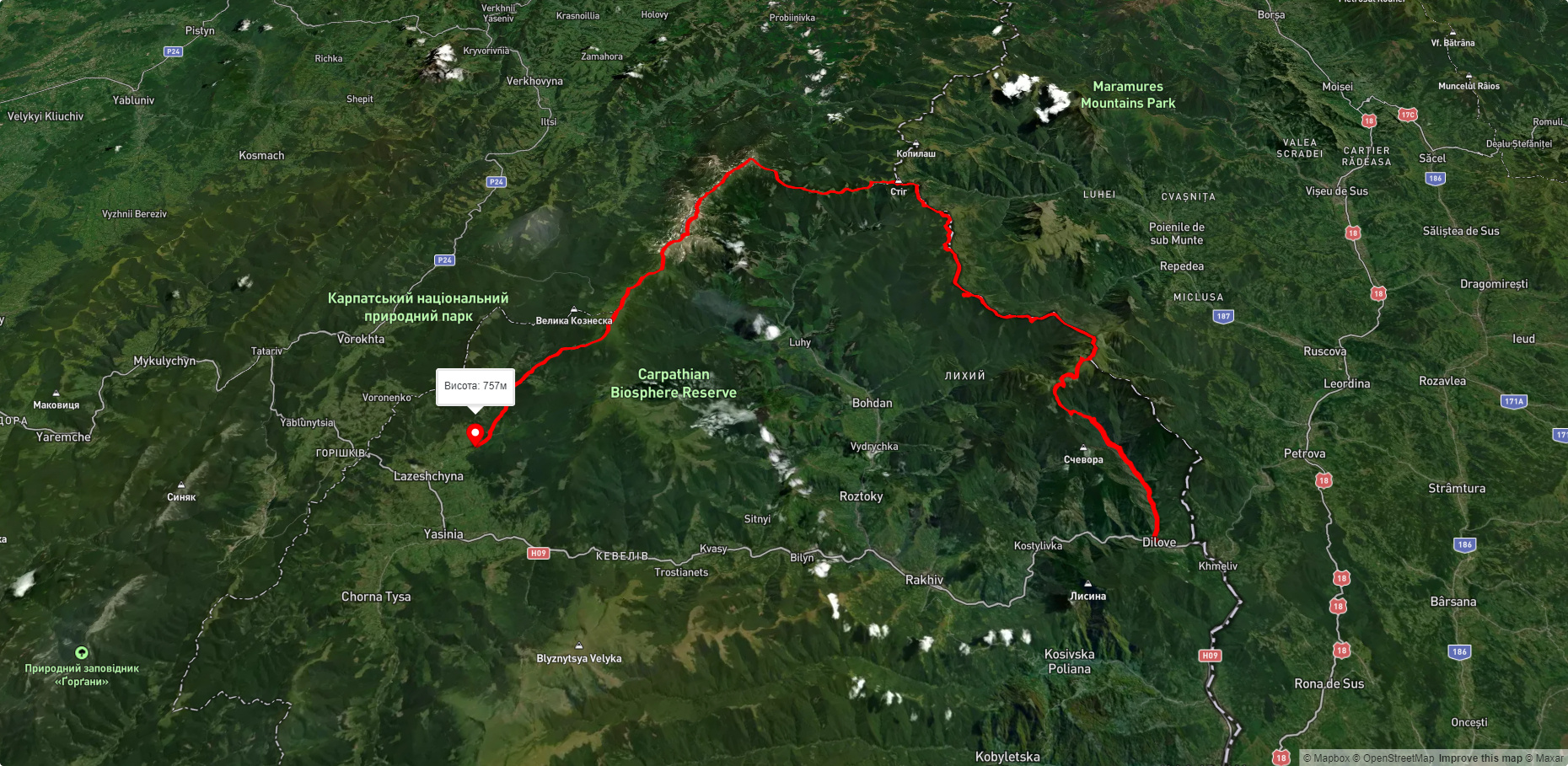 с. Ділове, через г. Піп Іван Мармароський, г. Міка-Маре, г. Піп Іван Чорногірський, г. Говерла до с. Лазещина