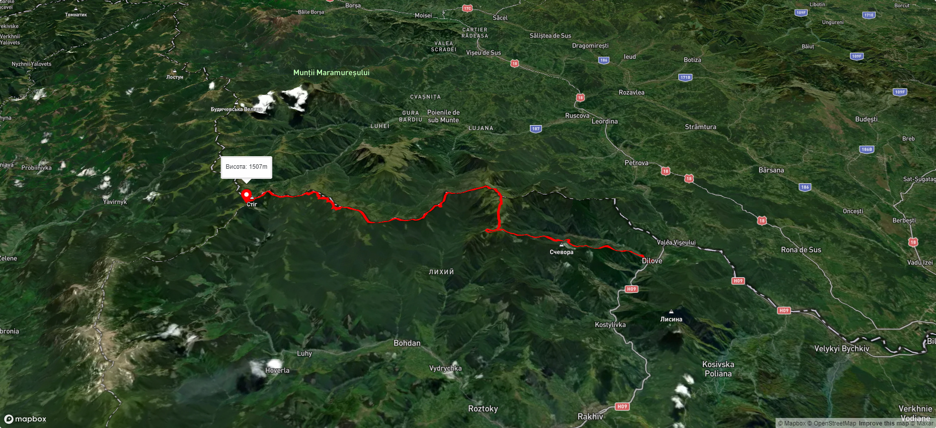 с. Ділове, через г. Піп Іван Мармароський, г. Міка-Маре, г. Стеавул до г. Стіг