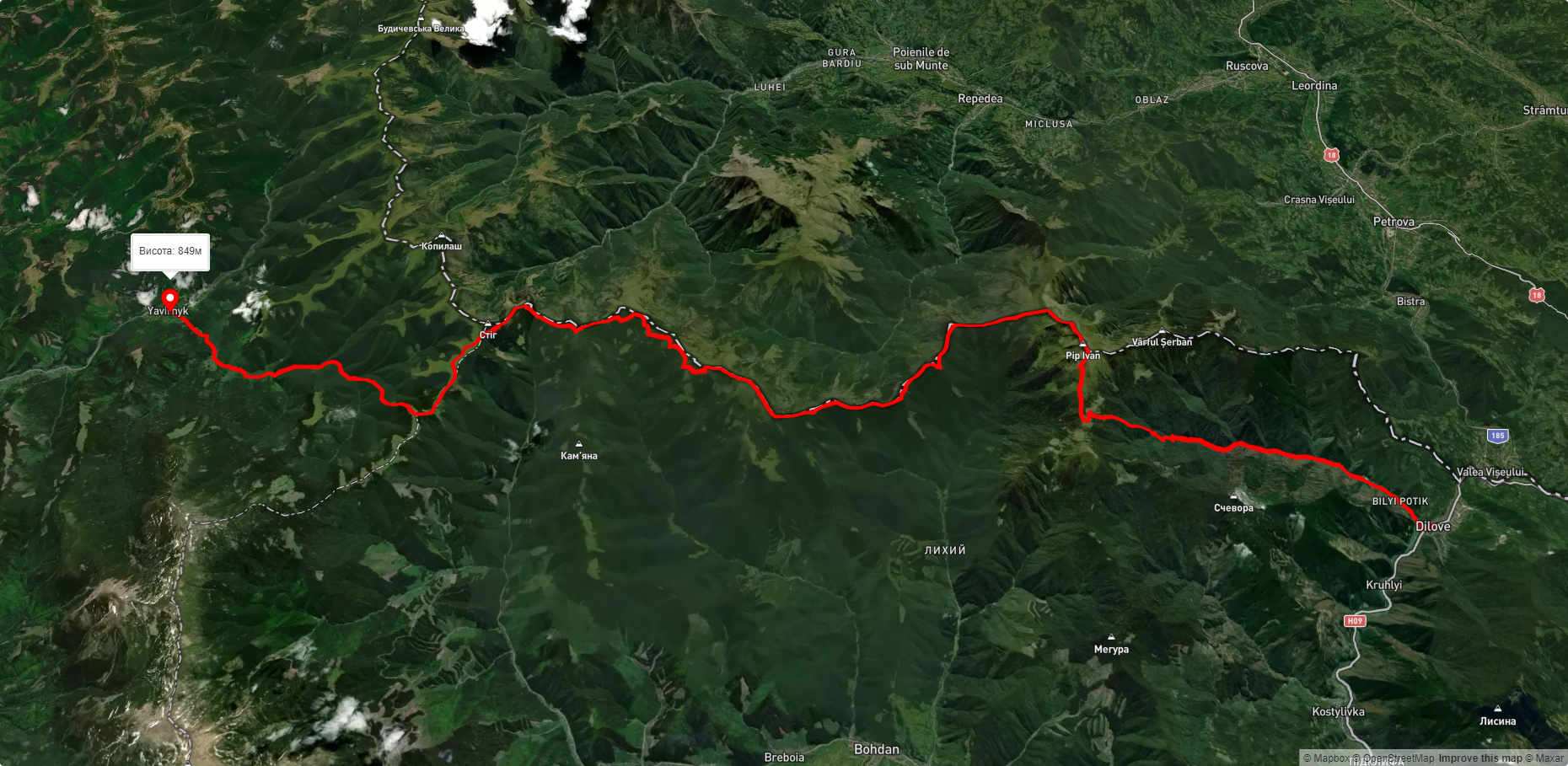 с. Ділове, через г. Піп Іван Мармароський, г. Міка-Маре, г. Стіг до с. Шибене