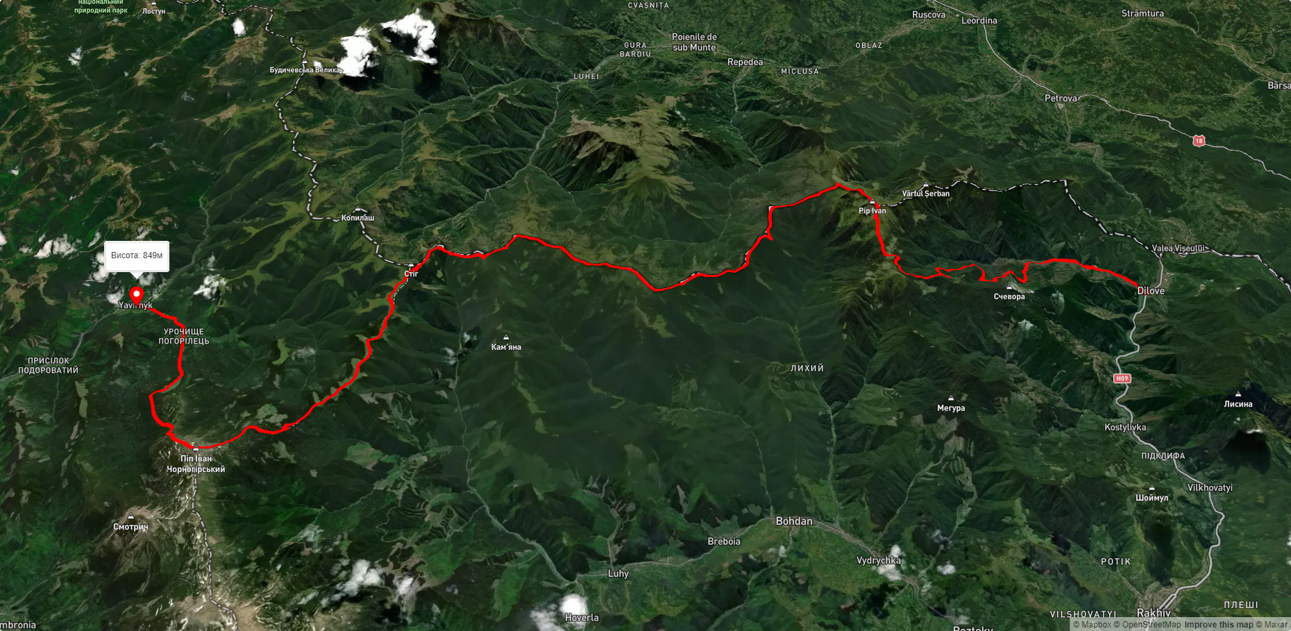 с. Ділове, через г. Піп Іван Мармароський, г. Міка-Маре, г. Стіг, г. Піп Іван Чорногірський до с. Шибене