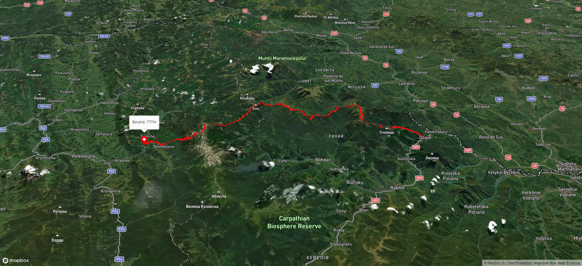 с. Ділове, через г. Піп Іван Мармароський, г. Піп Іван Чорногірський до с. Дземброня