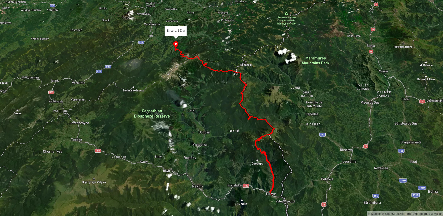 с. Ділове, через г. Піп Іван Мармароський, г. Піп Іван Чорногірський до с. Дземброня