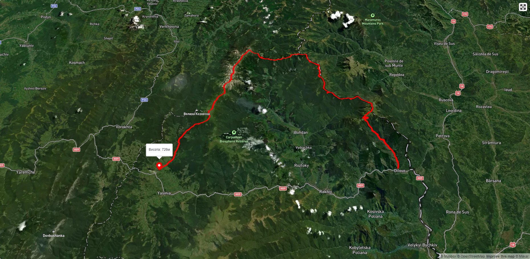 с. Ділове, через г. Піп Іван Мармароський, г. Піп Іван Чорногірський, г. Говерла до с. Лазещина