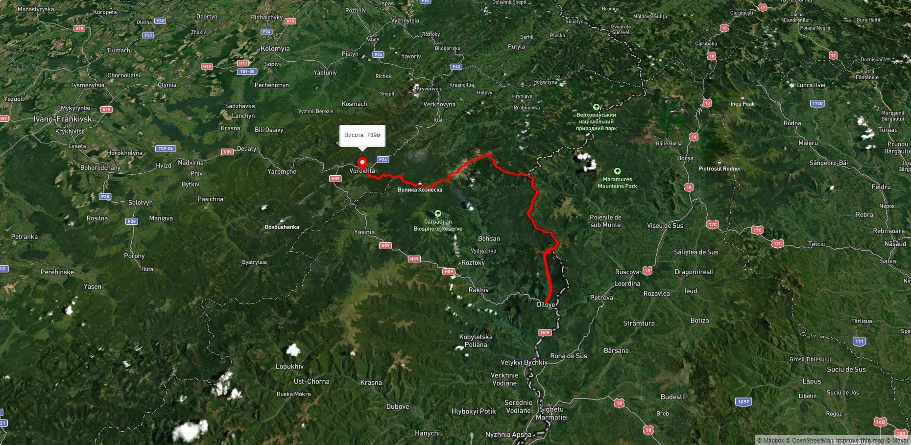 с. Ділове, через г. Піп Іван Мармароський, г. Піп Іван Чорногірський, г. Говерла, г. Кукул до смт. Ворохта