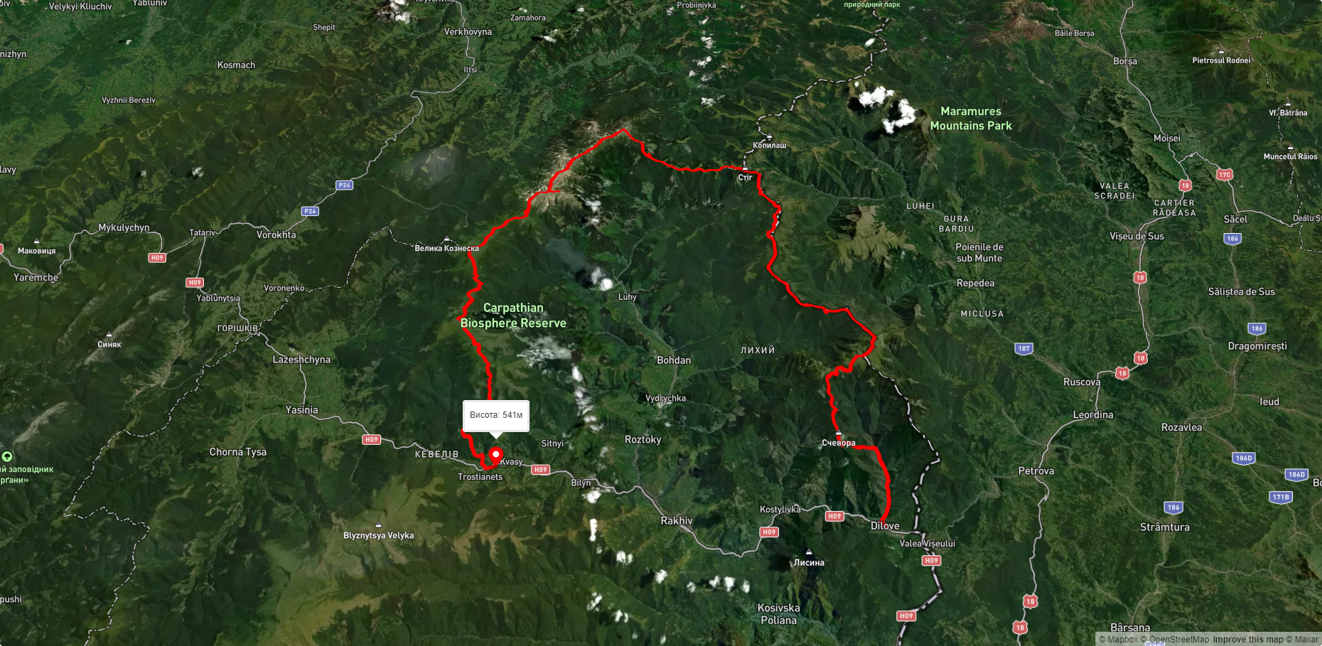 с. Ділове, через г. Піп Іван Мармароський, г. Піп Іван Чорногірський, г. Говерла, г. Петрос до с. Кваси