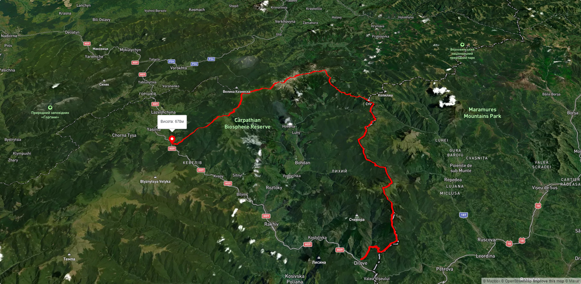 с. Ділове, через г. Піп Іван Мармароський, г. Піп Іван Чорногірський, г. Говерла, г. Петрос до смт. Ясіня