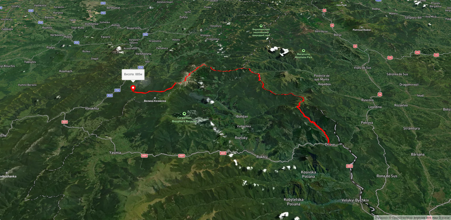с. Ділове, через г. Піп Іван Мармароський, г. Піп Іван Чорногірський, г. Ребра до дороги на Ворохту
