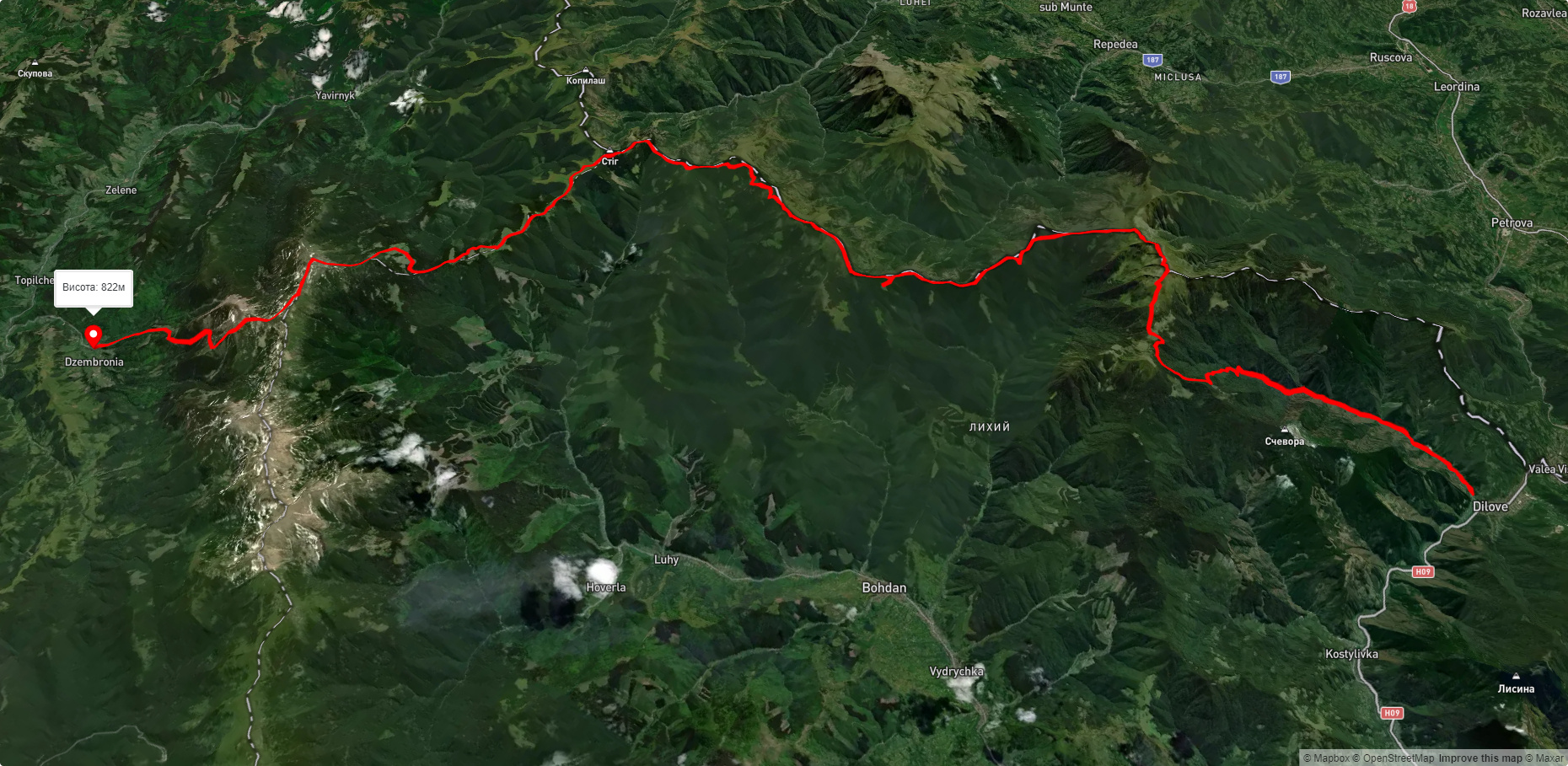 с. Ділове, через г. Піп Іван Мармароський, г. Піп Іван Чорногірський, г. Вухатий Камінь до с. Дземброня