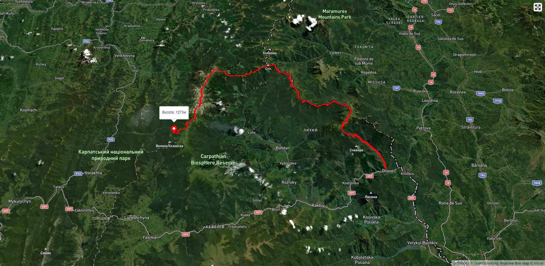 с. Ділове, через г. Піп Іван Мармароський, г. Піп Іван Чорногірський, оз. Несамовите до турбази 'Заросляк'