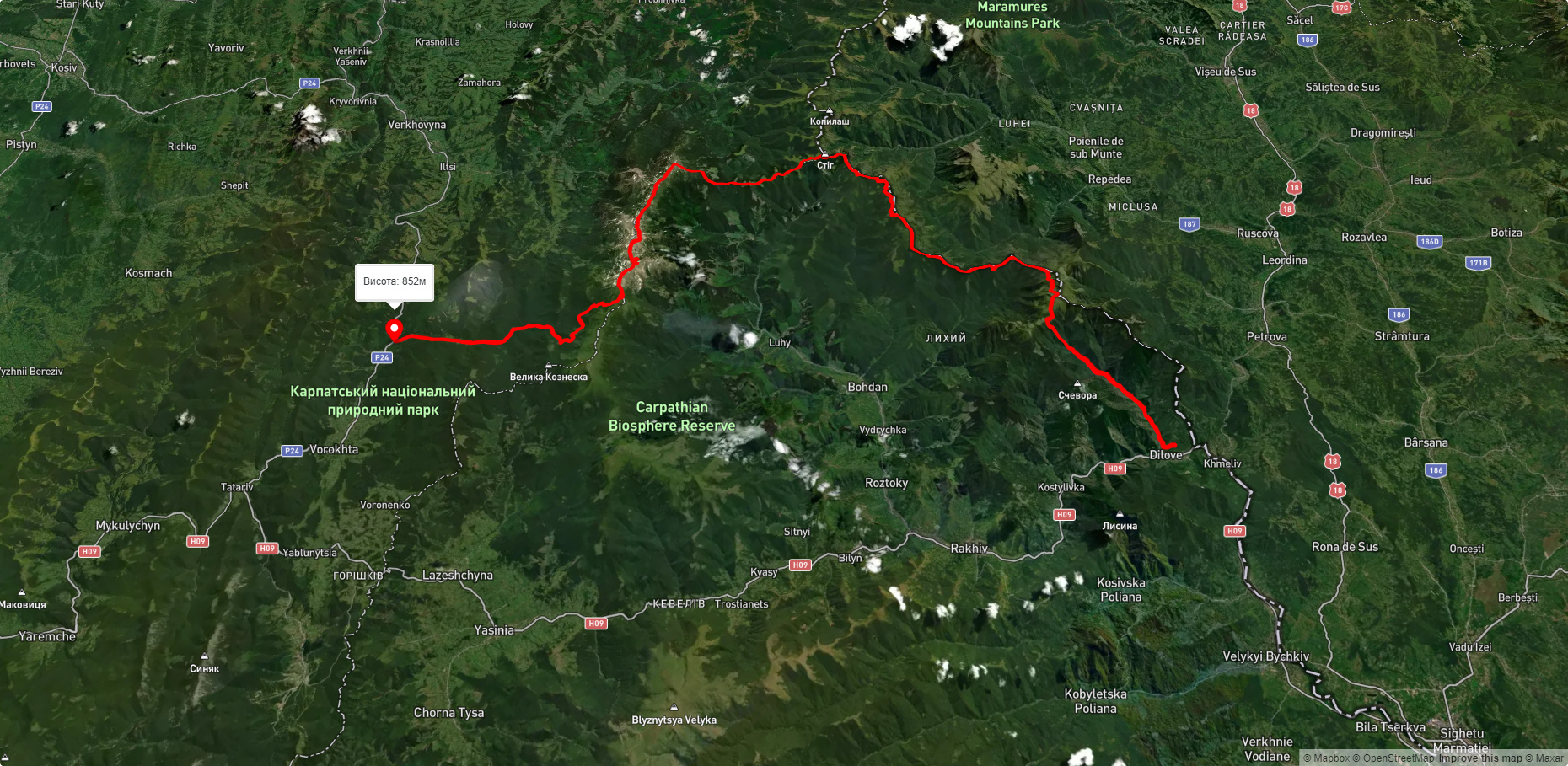 с. Ділове, через г. Піп Іван Мармароський, г. Піп Іван Чороногірський, оз. Несамовите до турбази 'Заросляк'