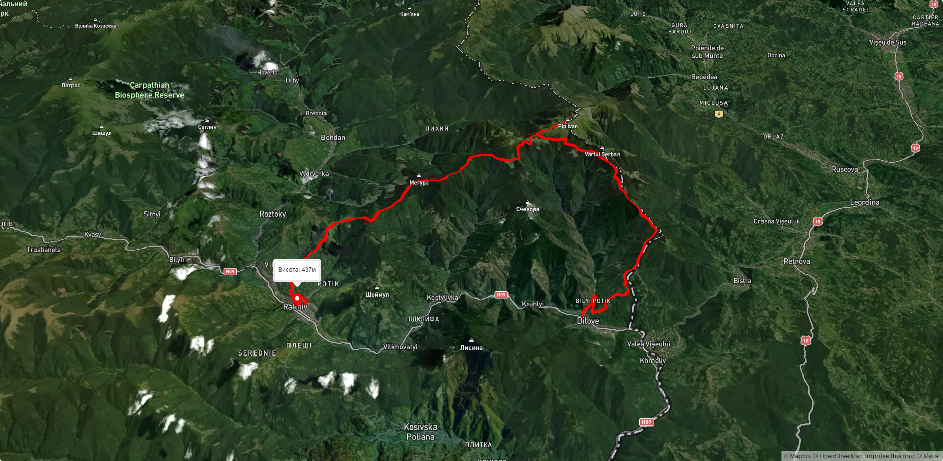 с. Ділове, через г. Жербан, г. Піп Іван Мармароський до м. Рахів