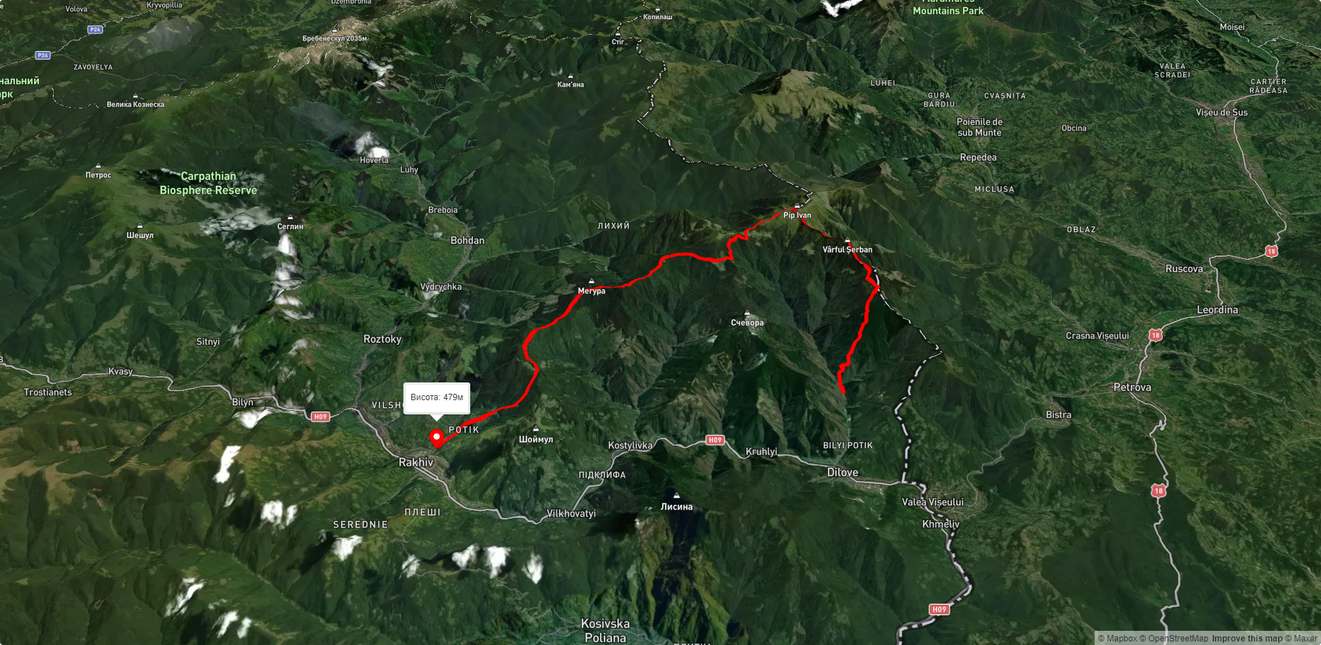 с. Ділове, через г. Жербан, г. Піп Іван Мармароський до м. Рахів