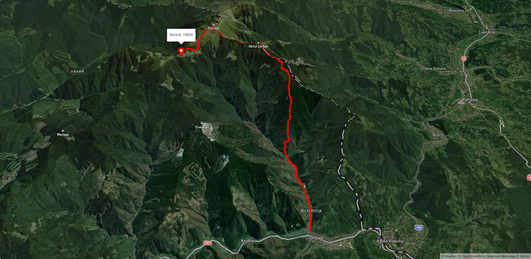 с. ДІлове, через г. Жербан, г. Піп Іван Мармароський до пол. Лисича