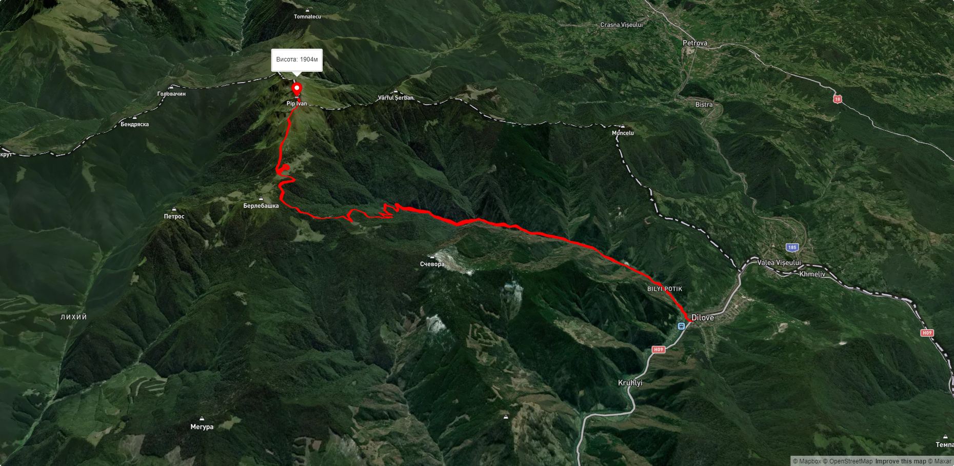 с. Ділове, через  пол. Лисича до г. Піп Іван Мармароський