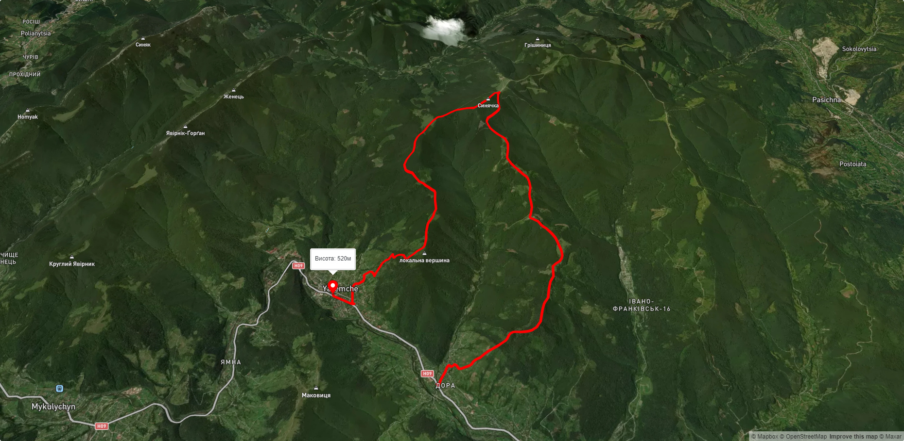 с. Дора, через г. Синячка, хр. Чорногориця до м. Яремче