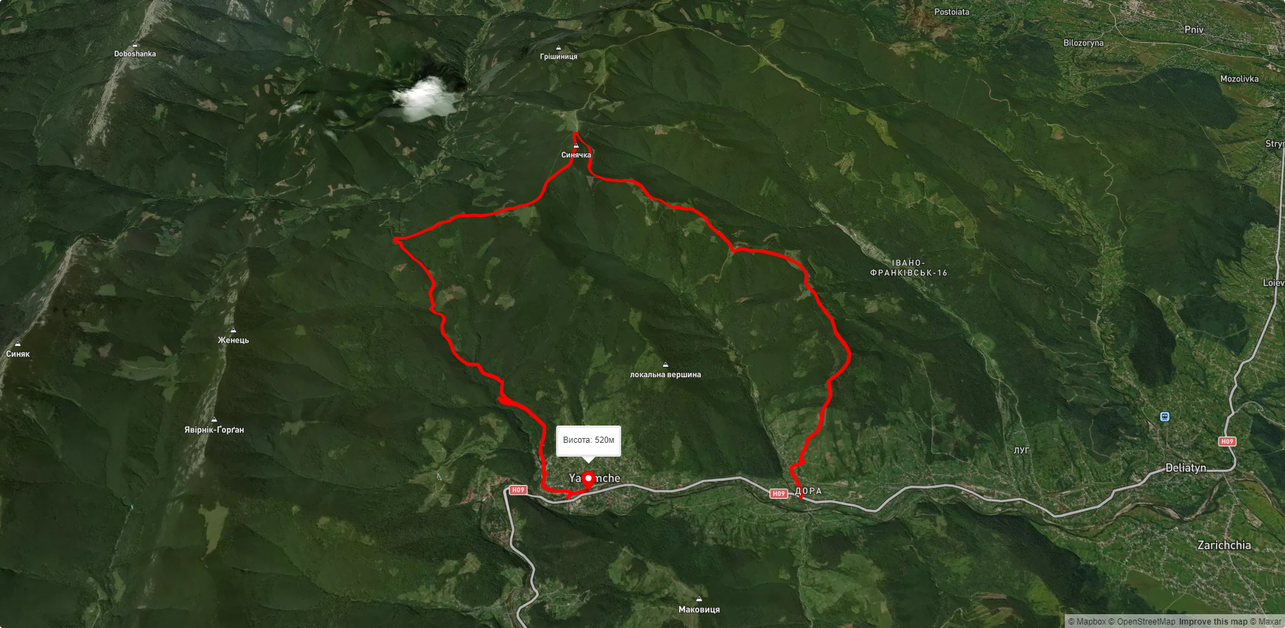 с. Дора, через г. Синячка, пер. Пересліп до м. Яремче