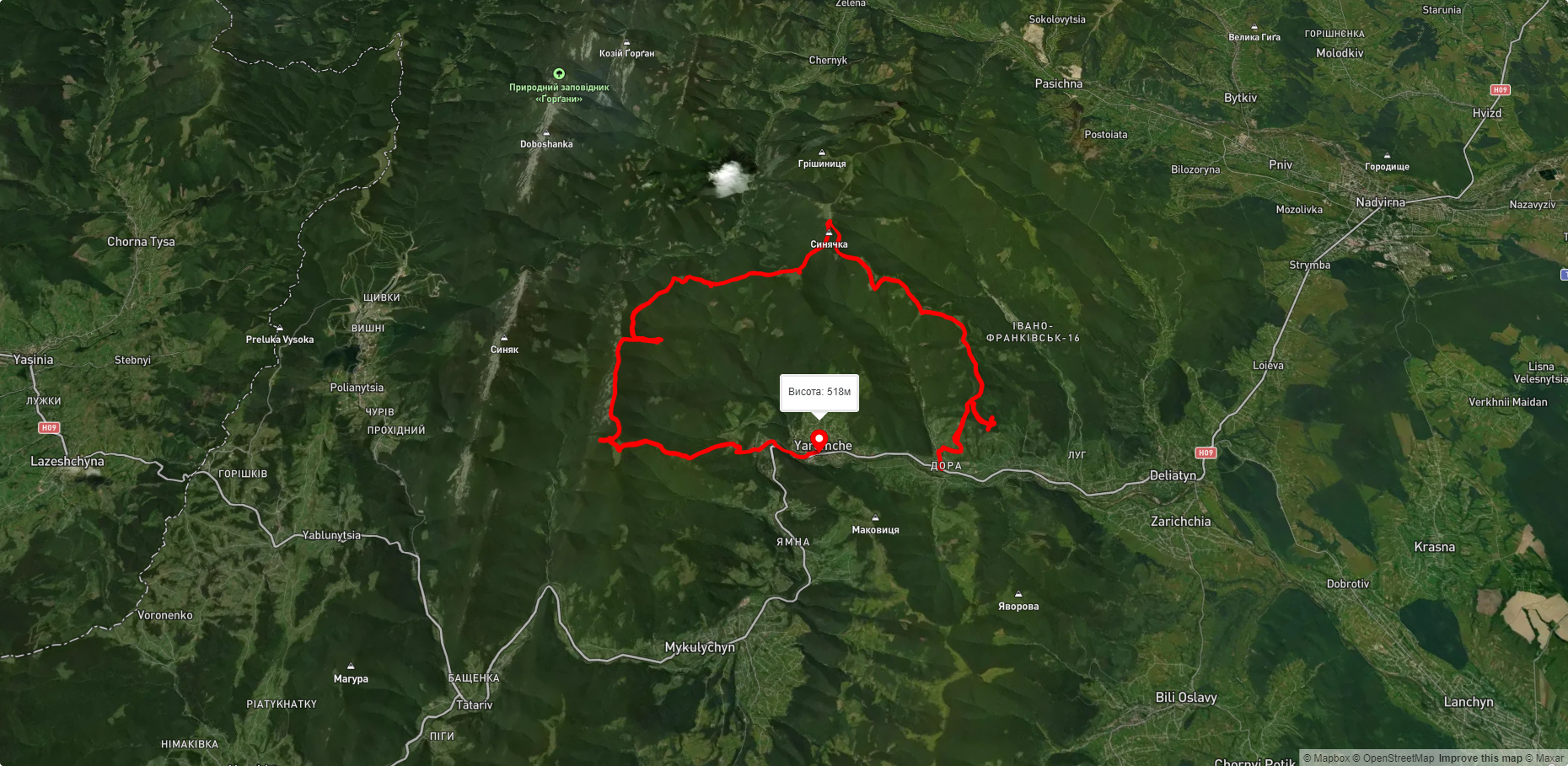 с. Дора, через г. Синячка, пер. Пересліп, пол. Туршугувата, хр. Явірник до м. Яремче