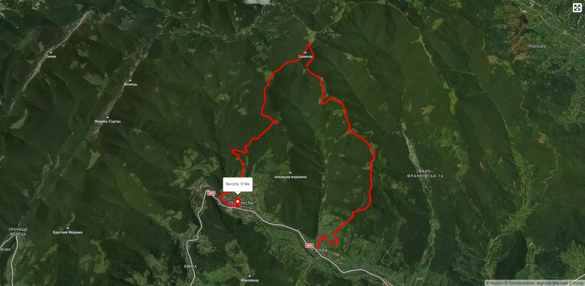 с. Дора, через г. Синячка, пол. Чорногориця до м. Яремче