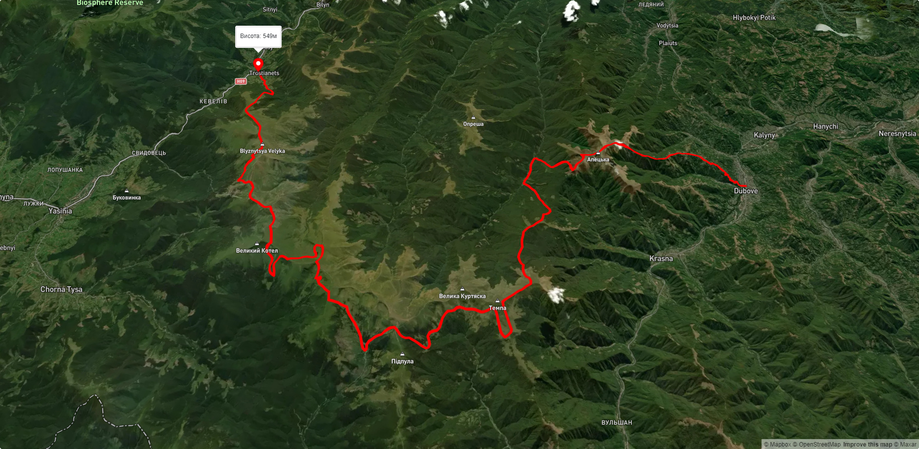с. Дубове, через г. Апецька, г. Догяска, г. Стіг, г. Близниця до с. Кваси