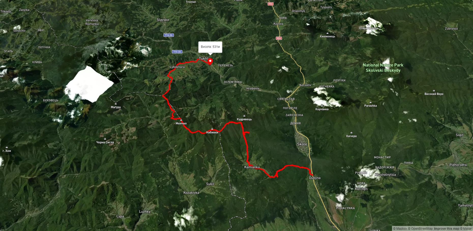 с. Дубина, чере вдсп. Кам'янка, г. Лопата, г. Матагів до с. Тухля