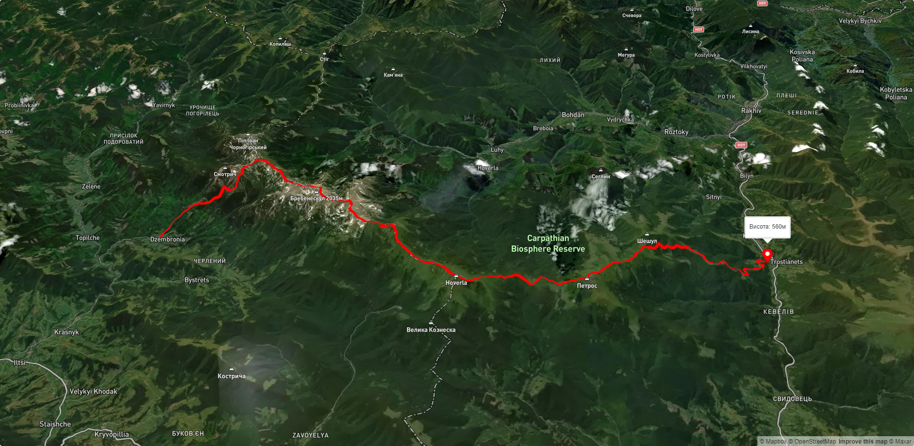 с. Дземброня, через г. Дземброня, г. Говерла, г. Петрос до с. Кваси