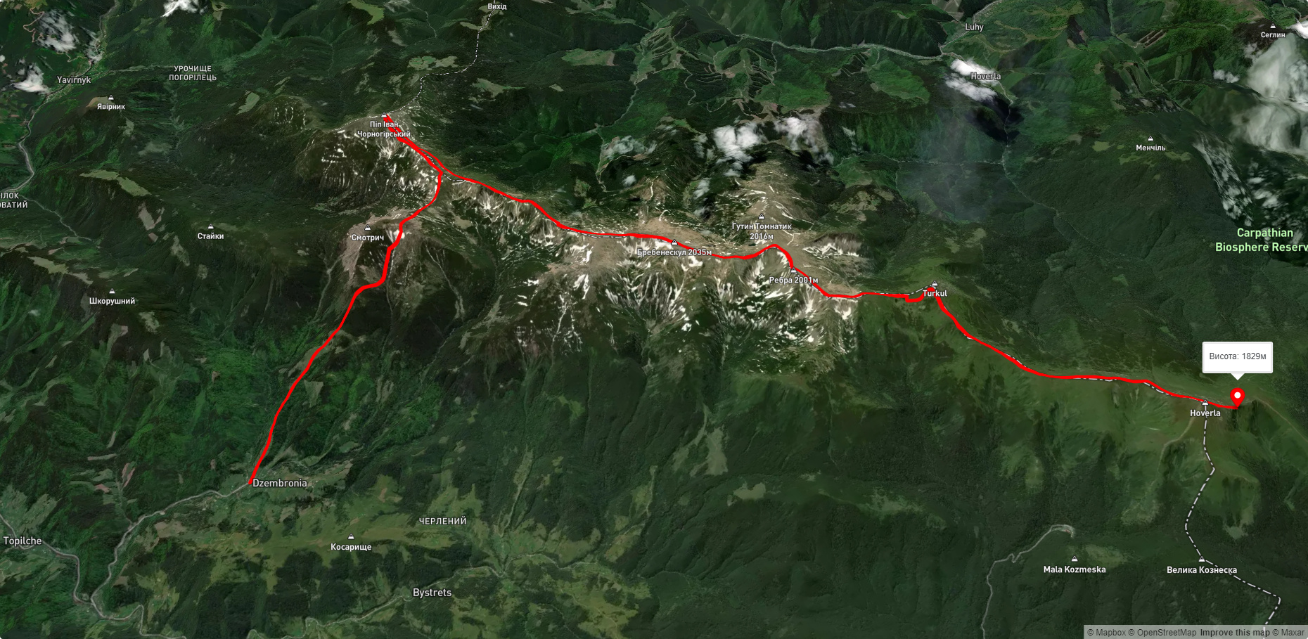 с. Дземброня, через г. Піп Іван Чорногірський до г. Говерла