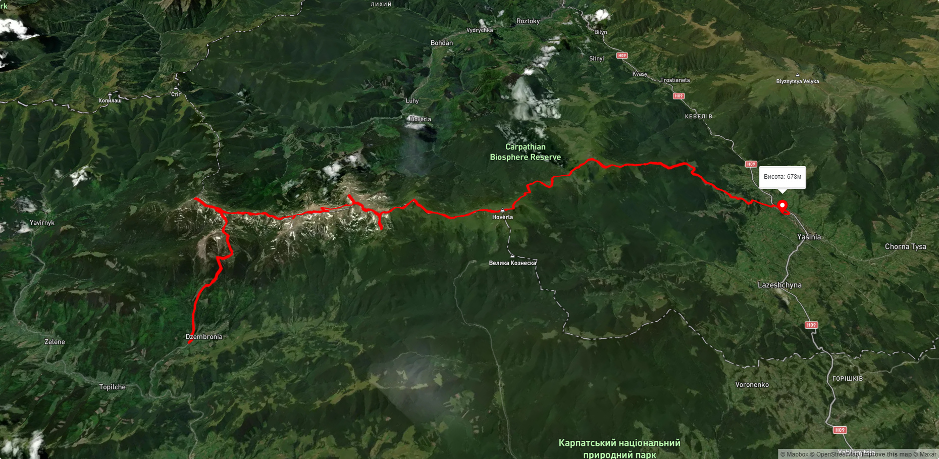 с. Дземброня, через г. Піп Іван Чорногірський, г. Говерла, г. Петрос до смт. Ясіня