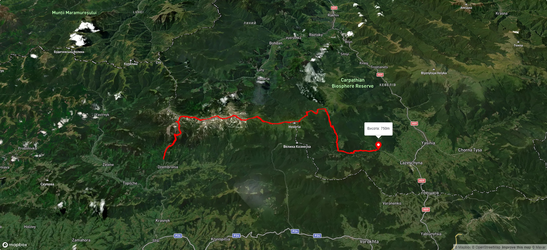 с. Дземброня, через г. Піп Іван Чорногірський, г. Говерла, Козьмещик до с. Лазещина