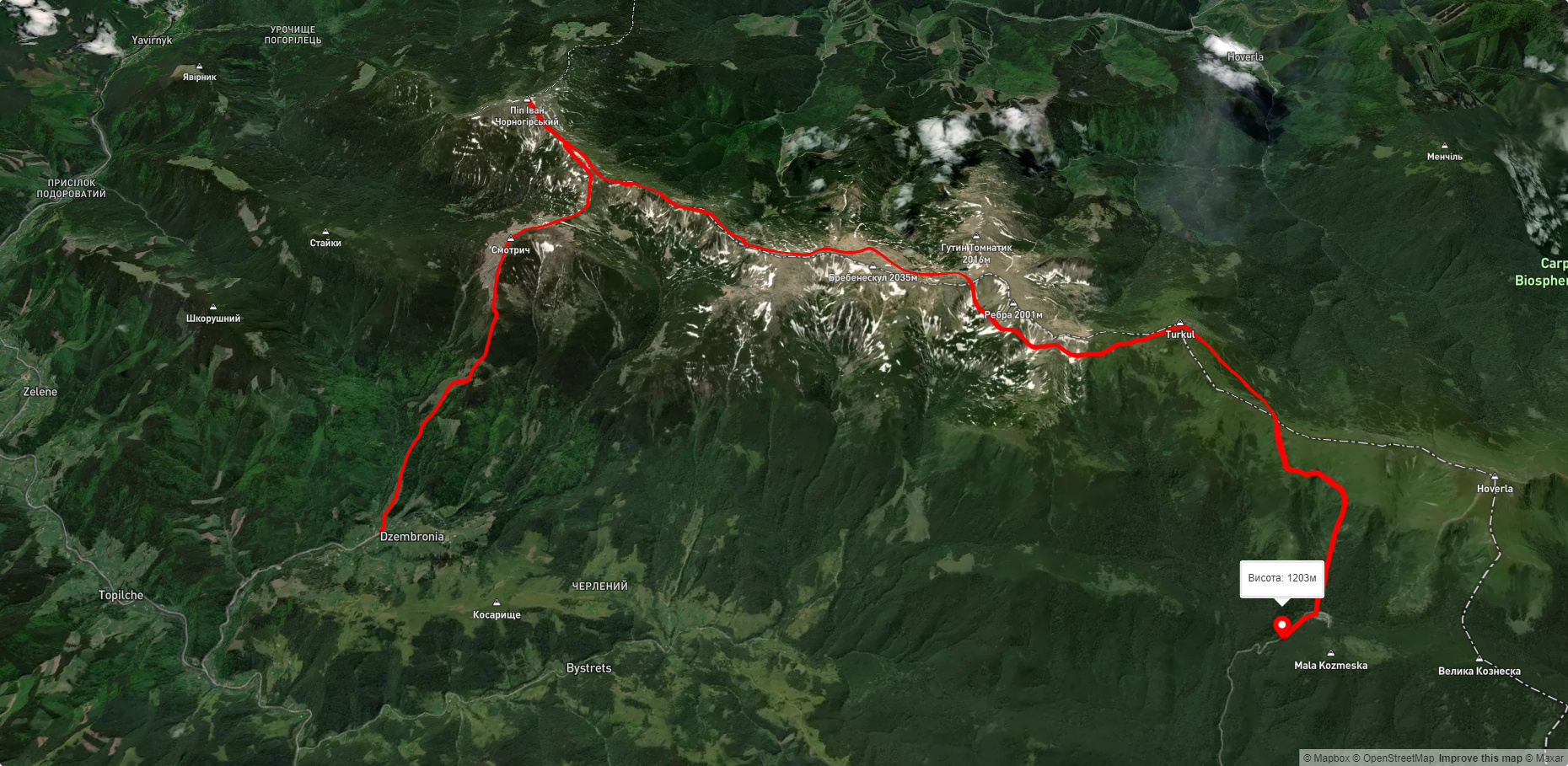 с. Дземброня, через г. Піп Іван Чорногірський, г. Пожижевська до турбази 'Заросляк'