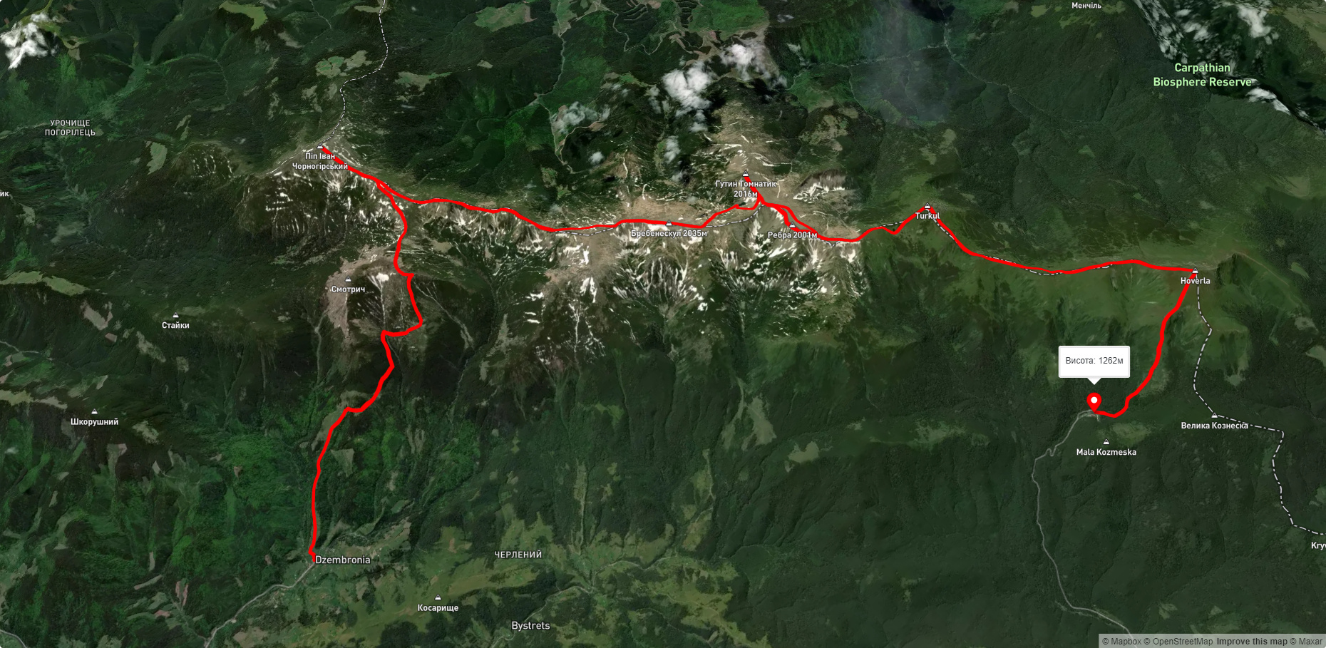 с. Дземброня, через г. Піп Іван Чорногірський, г. Ребра, г. Говерла до турбази 'Заросляк'
