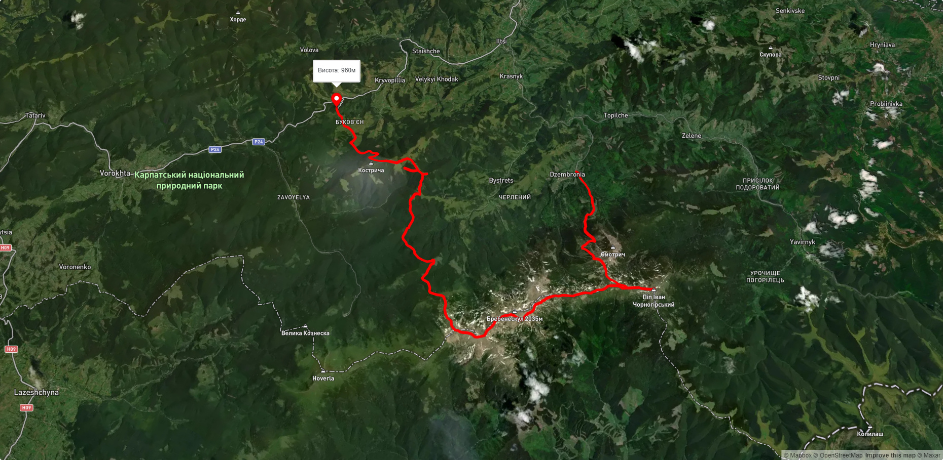 с. Дземброня, через г. Піп Іван Чорногірський, г. Шпиці до с. Кривопілля