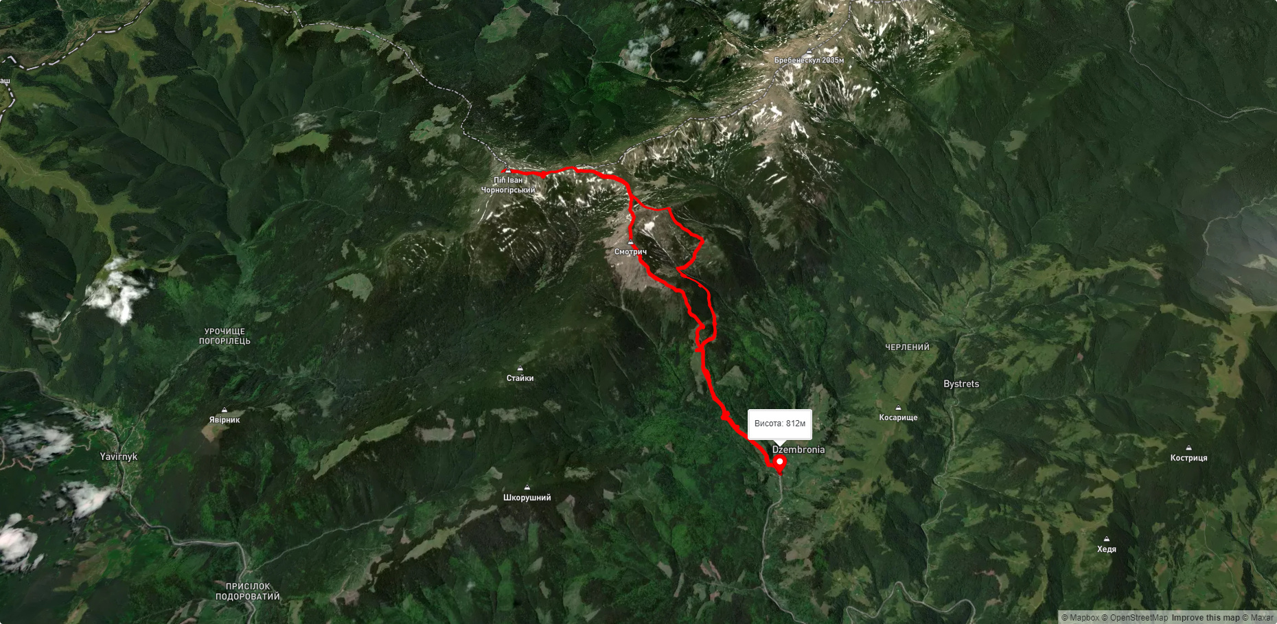 с. Дземброня, через г. Піп Іван Чорногірський, г. Смотрич до с. Дземброня