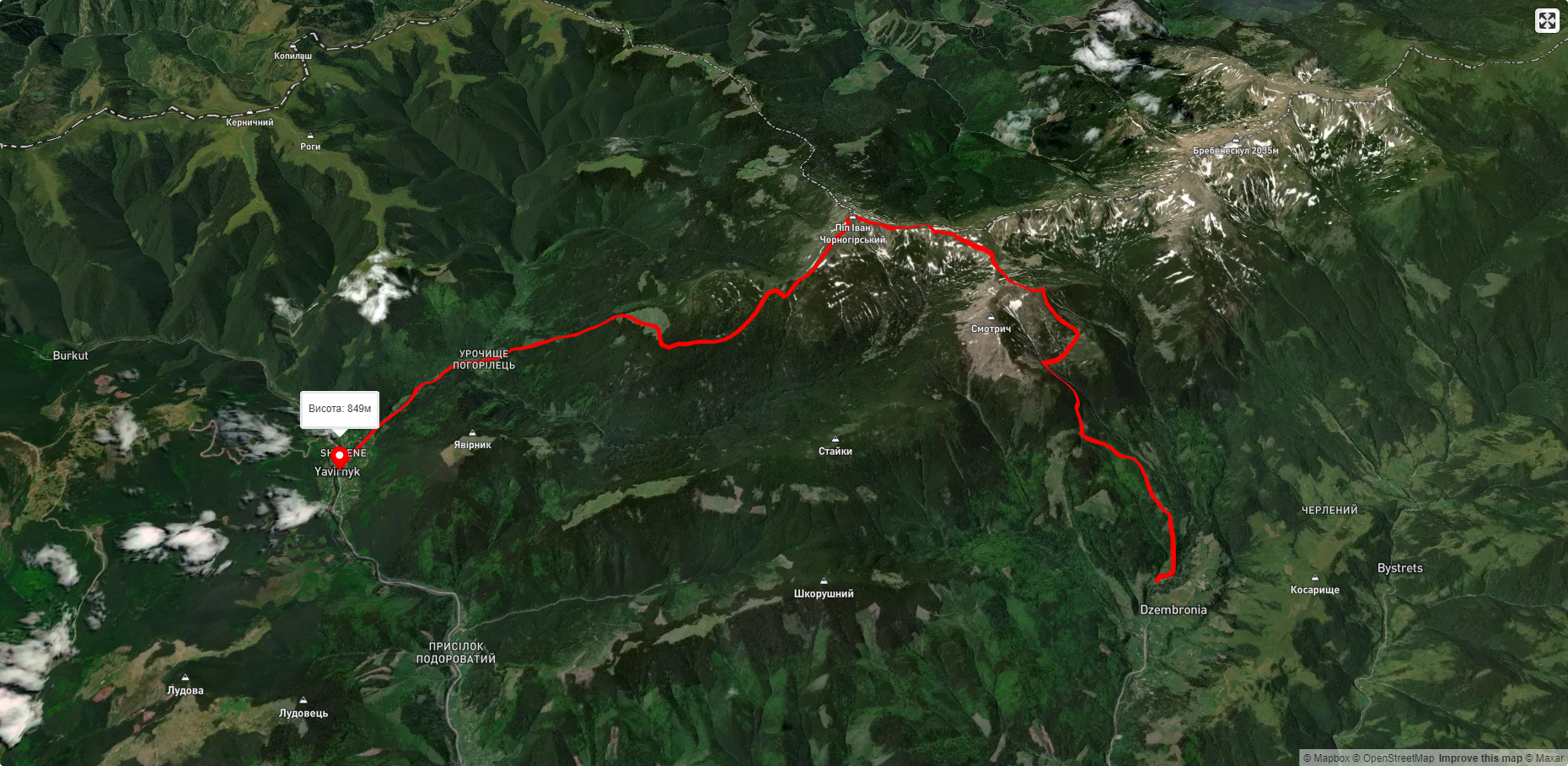 с. Дземброня, через г. Піп Іван Чорногірський, пол. Веснарка до с. Шибене