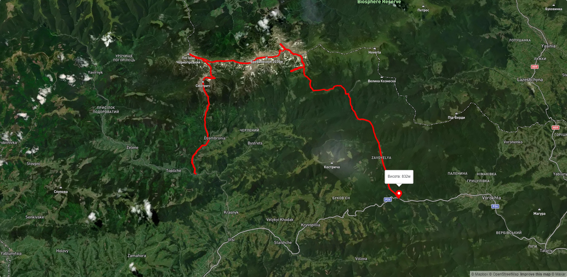 с. Дземброня, через г. Смотрич, г. Піп Іван Чорногірський, г. Шпиці до дороги на Ворохту
