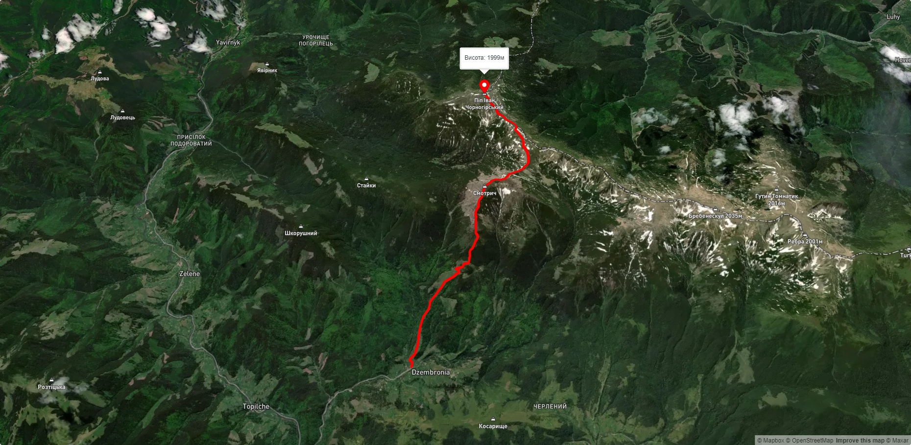 с. Дземброня, через г. Смотрич, г. Піп Іван Чорногірський, г. Смотрич до с. Дземброня