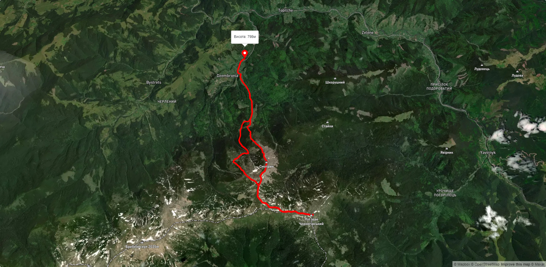 с. Дземброня, через г. Вухатий Камінь, г. Піп Іван Чорногірський, г. Смотрич до с. Дземброня
