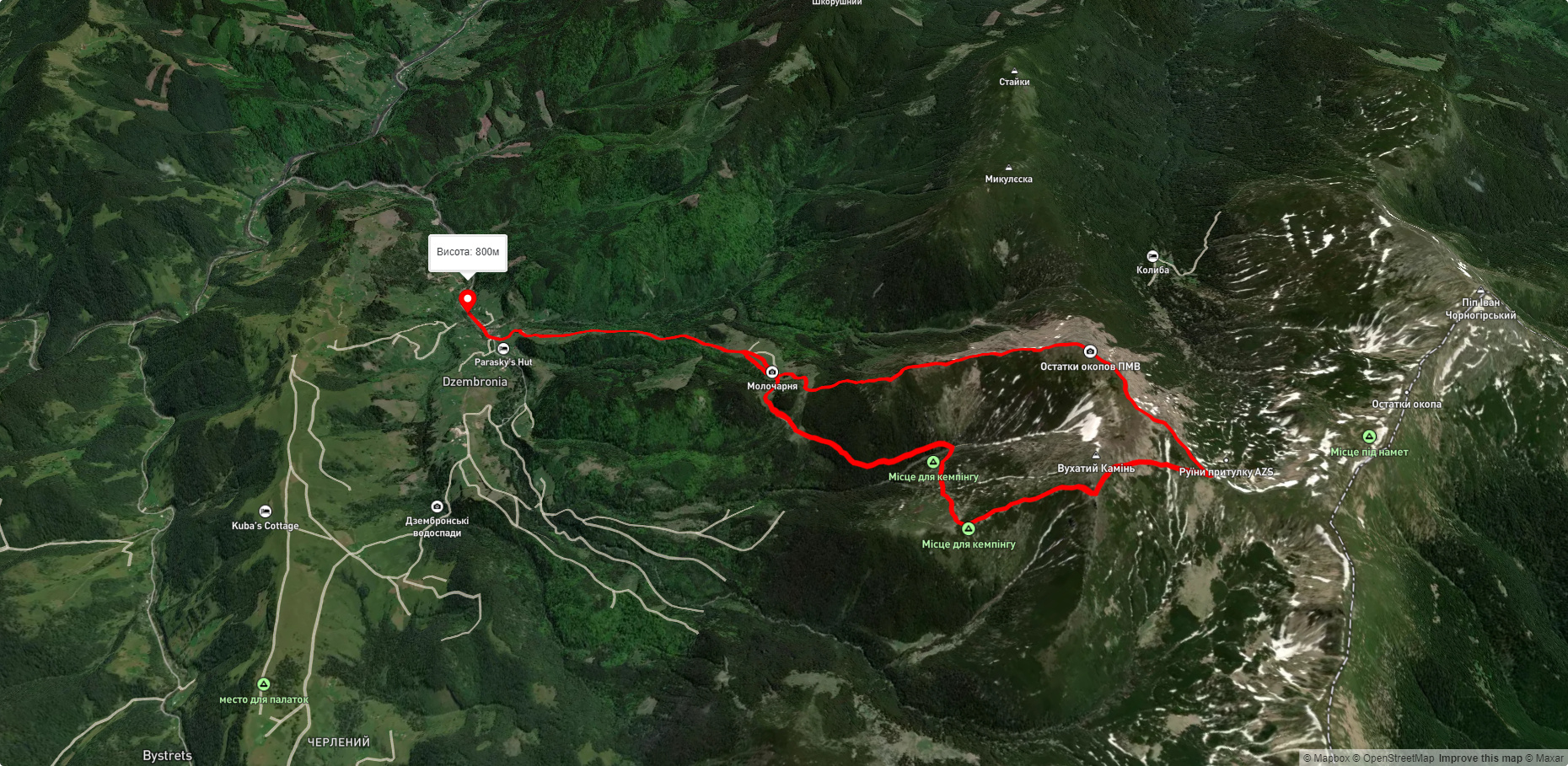 с. Дземброня, через г. Вухатий Камінь, г. Смотрич до с. Дземброня