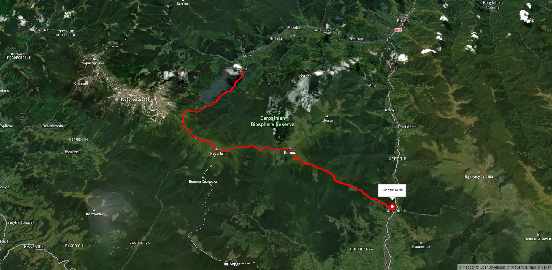 с. Говерла, через г. Туркул, г. Говерла, г. Петрос до смт. Ясіня