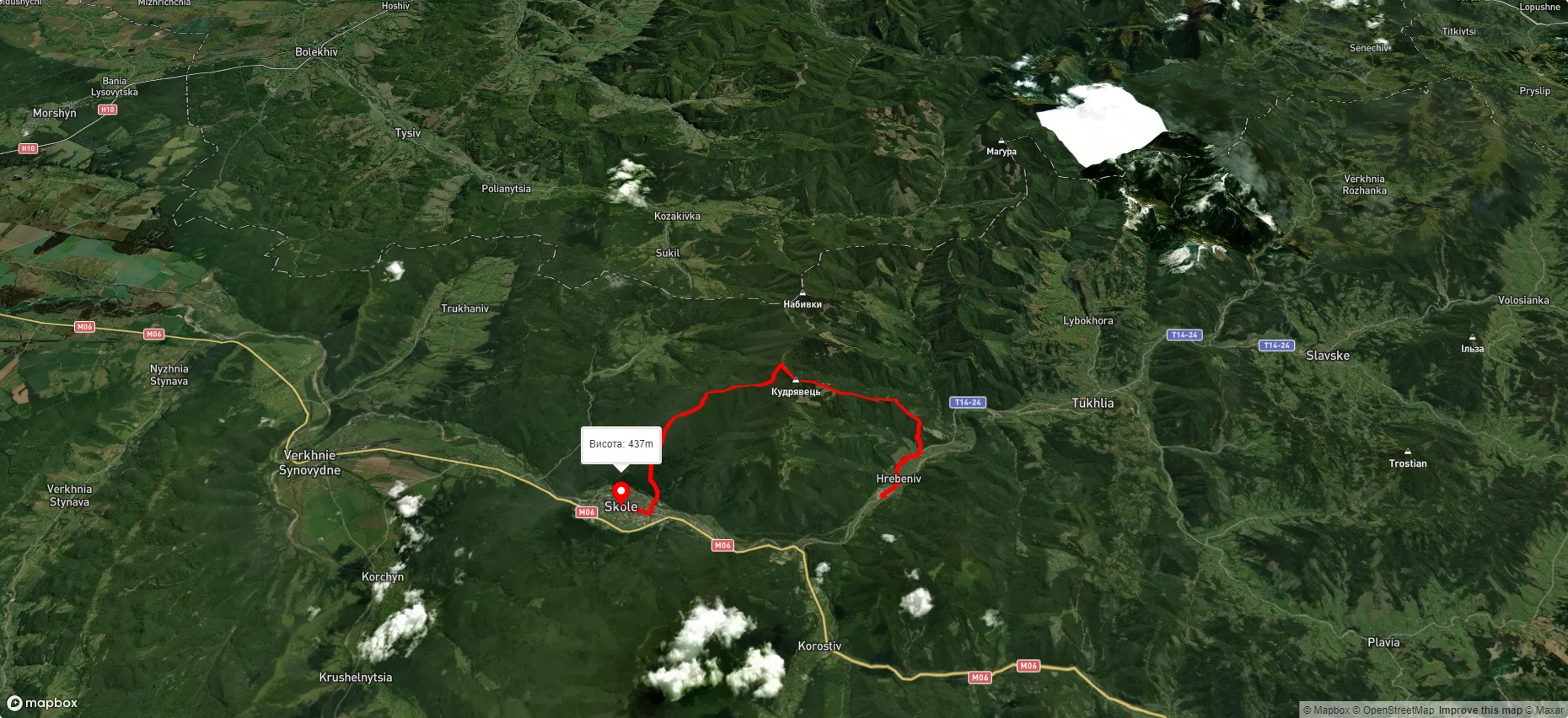 с. Гребенів, через г. Кудрявeць, г. Лопата до м. Сколе