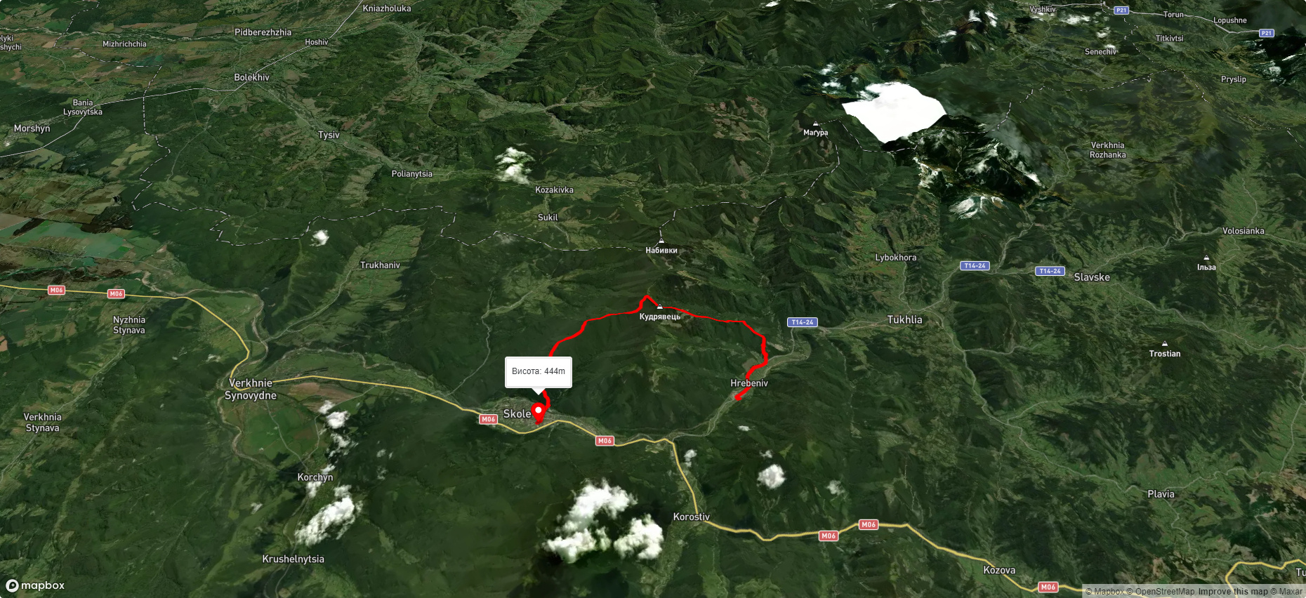 с. Гребенів, через с. Кудрявець, с. Лопата до м. Сколе