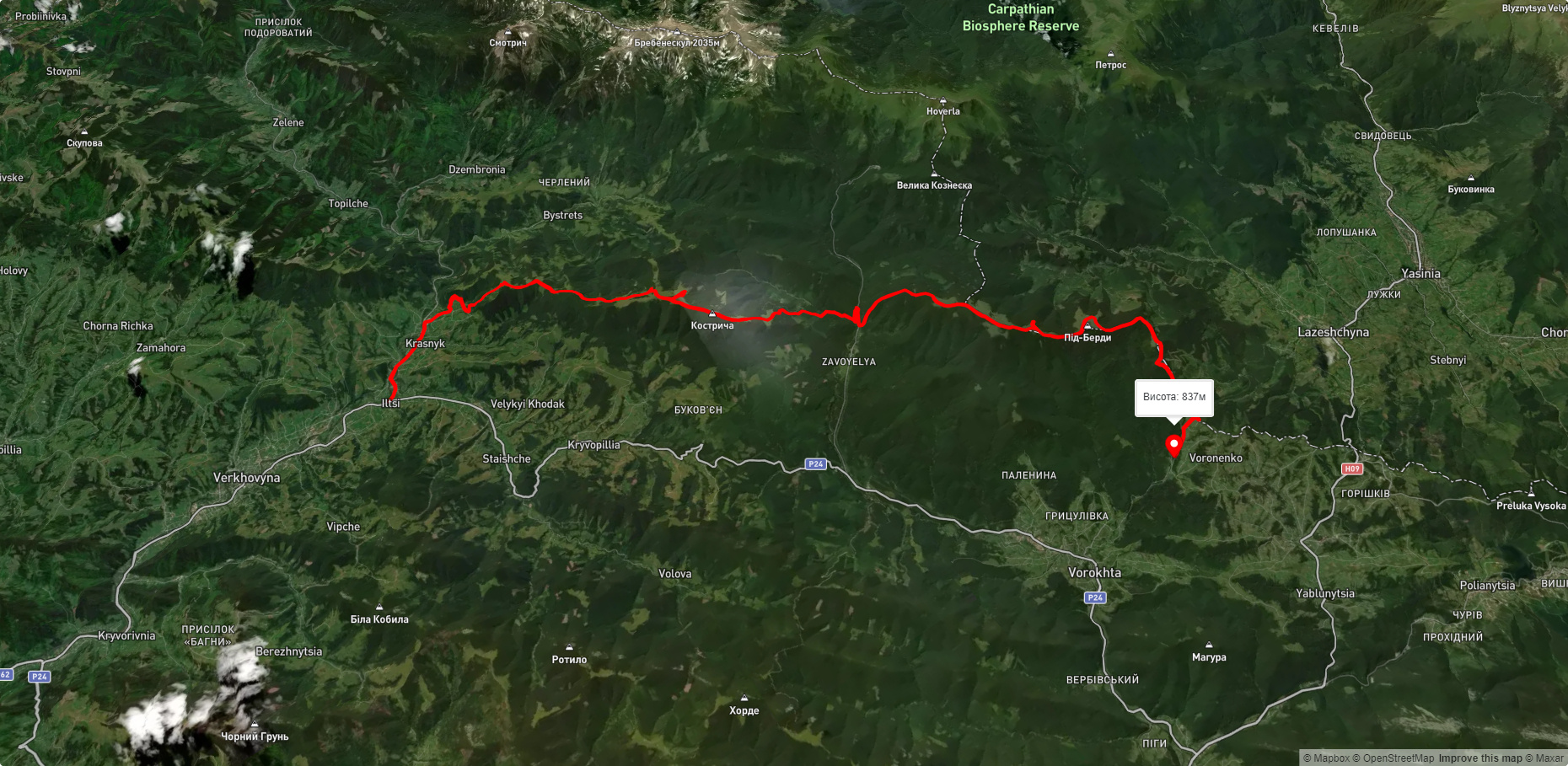 с. Ільці, через г. Кукул до с. Вороненко