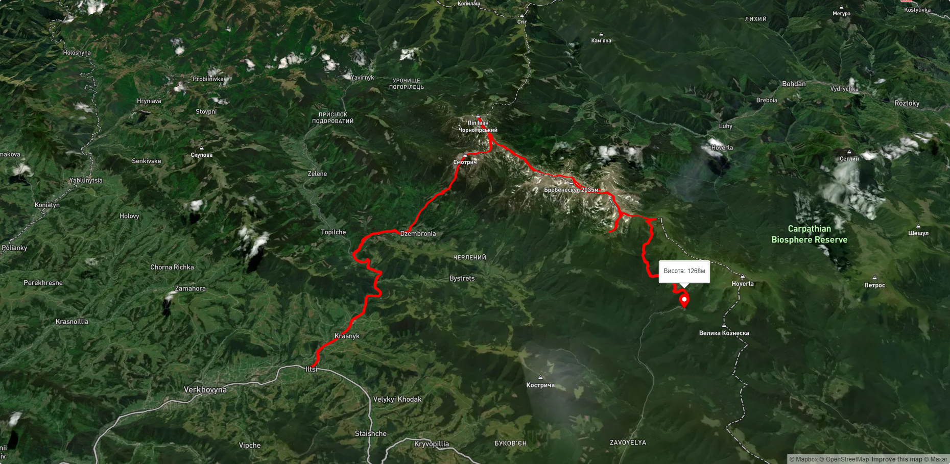 с. Ільці, через г. Смотрич, г. Піп Іван Чорногірський, г. Шпиці, оз Несамовите до турбази 'Заросляк'