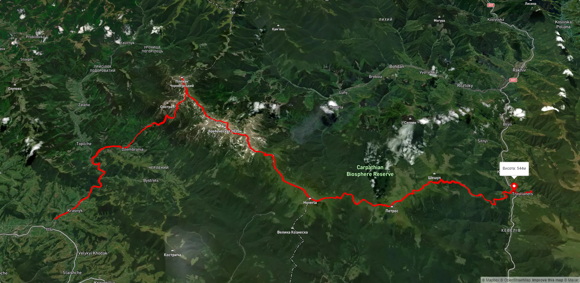 с. Ільці, через с. Дземброня, г. Піп Іван Чорногірський, г. Говерла, г. Петрос до с. Кваси