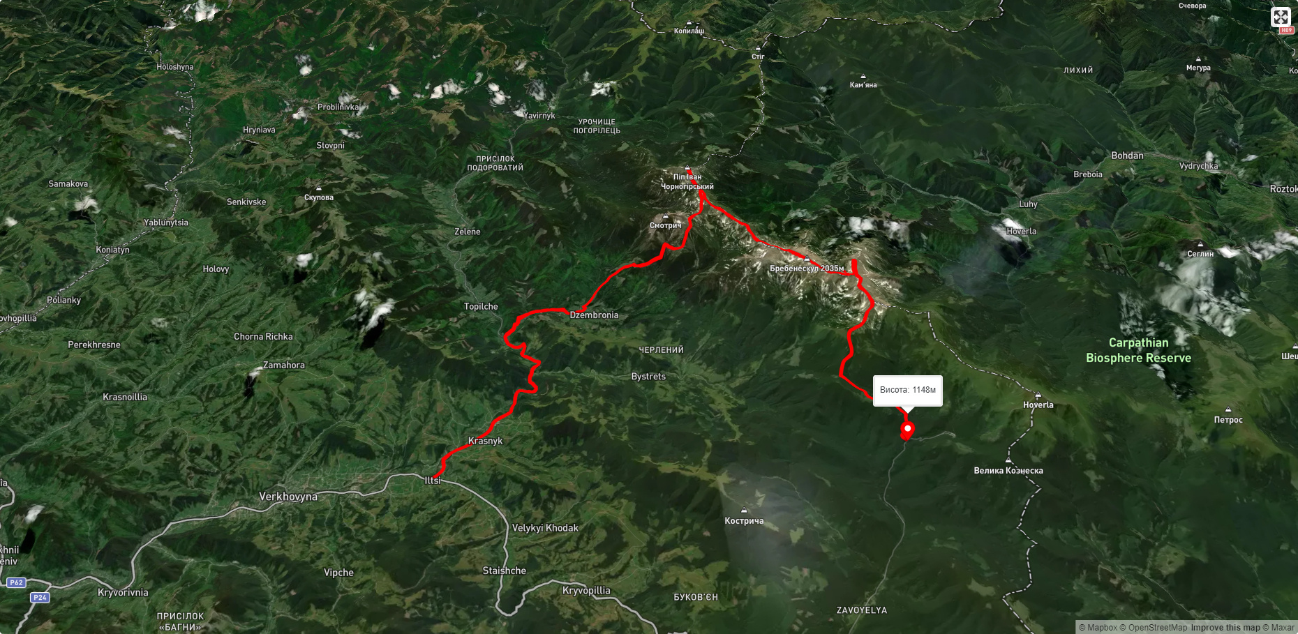 с. Ільці, через Смотрицькі воспади, г. Піп Іван Чорногірський, г. Шпиці до турбази 'Заросляк'
