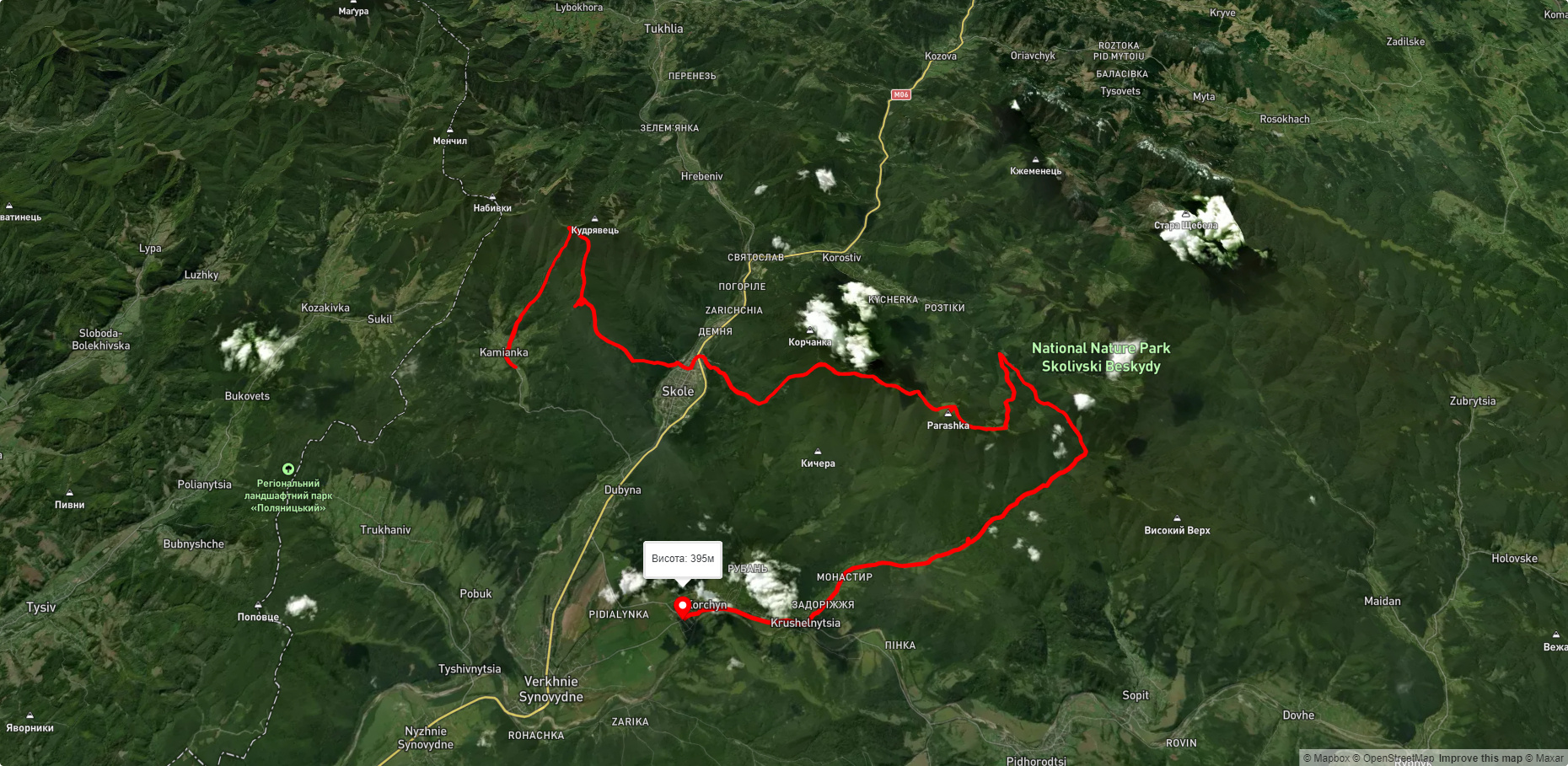 с. Кам'янка, через г. Лопата, м. Сколе, г. Парашка до с. Крушельниця