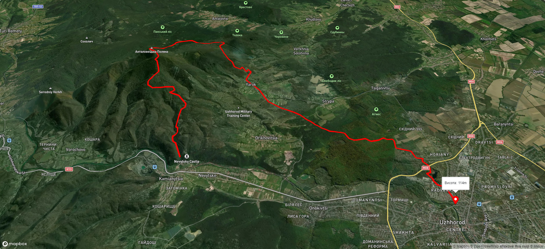 с. Кам'яниця, через Анталовецьку Поляну, с. Ярок до м. Ужгород