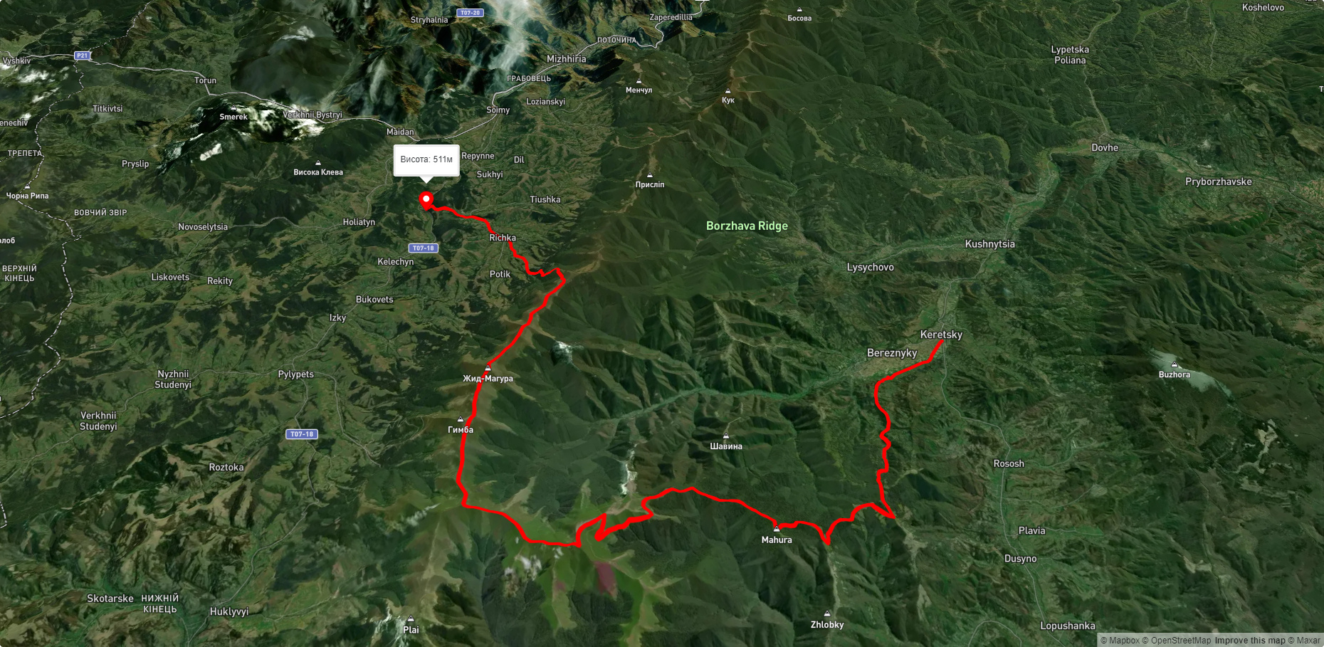 с. Керечки, через г. Стій, г. Великий Верх, г. Гемба, г. Жид-Магура до с. Ричка