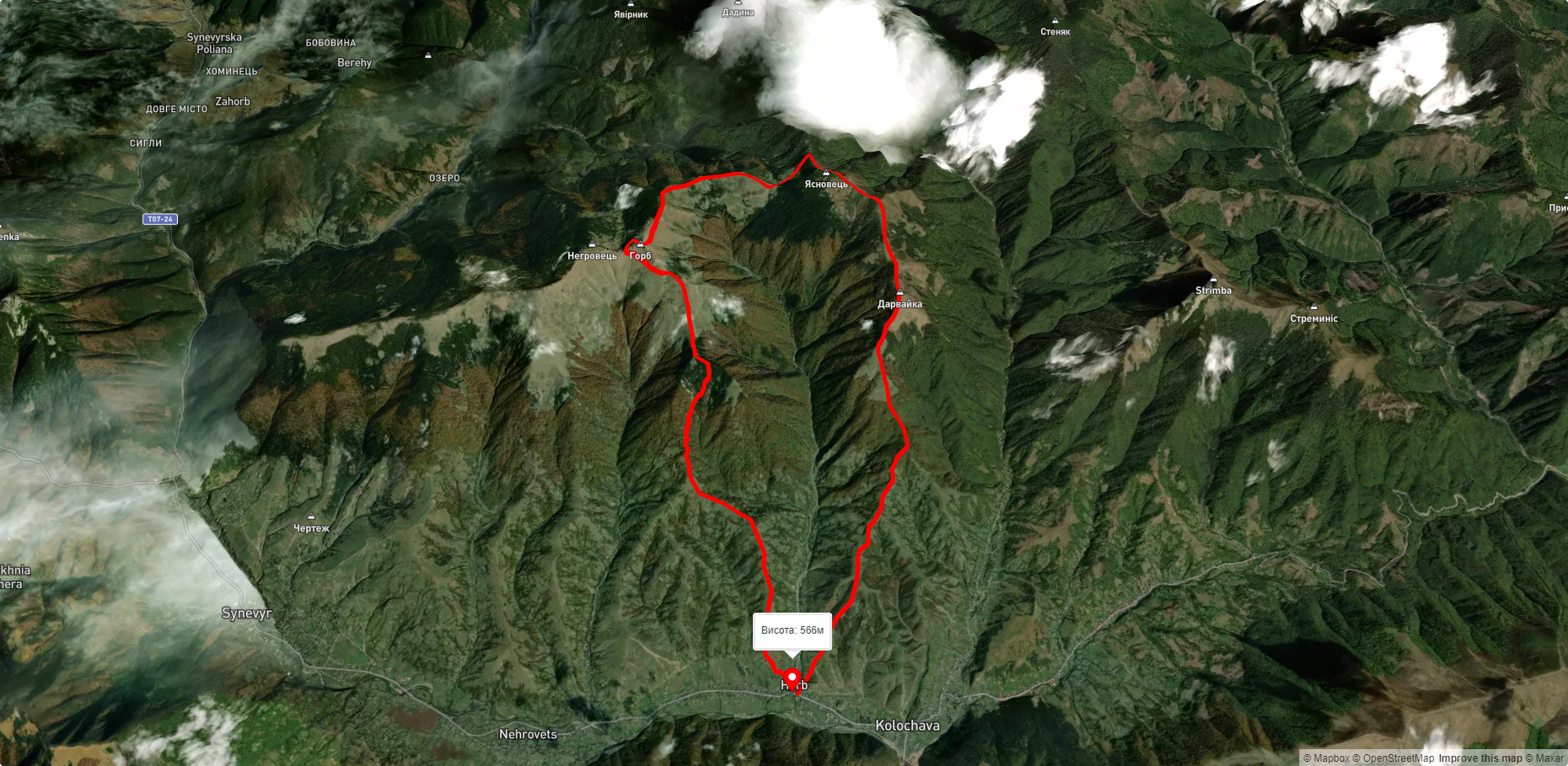 с. Колочава, через г. Дарвайка, г. Негровець до с. Колочава