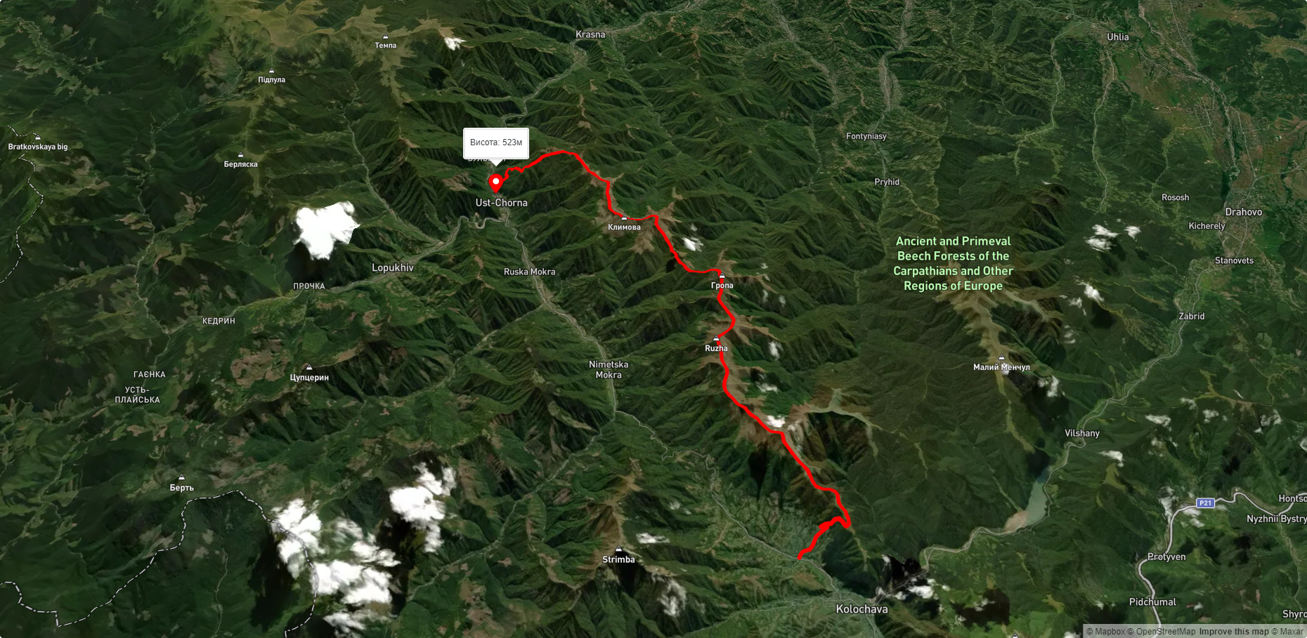 с. Колочава, через г. Сиглянський, г. Климова, г. Ружа до с. Усть Чорна