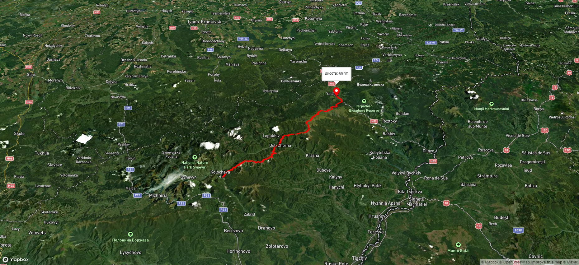 с. Колочава, через хр. Красна, с. Усть-Чорна, хр. Свидовець до смт. Ясіня